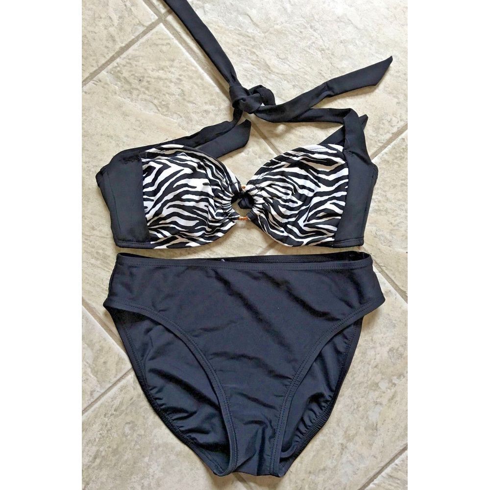 American Living Halter Top Black Zebra Print Bikini Swimming Suit Sz 8